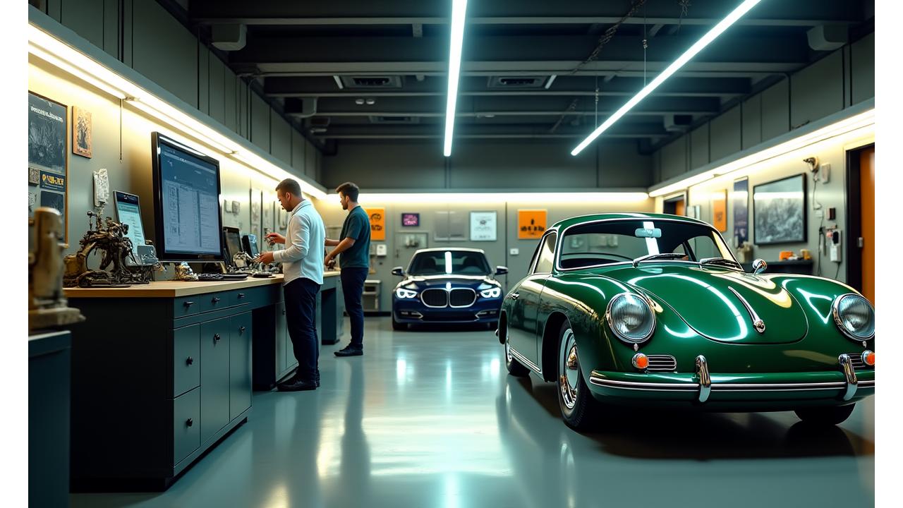 Sleek, modern automotive workshop interior with a classic car in the foreground and advanced diagnostic equipment in the background, signifying tradition and innovation.