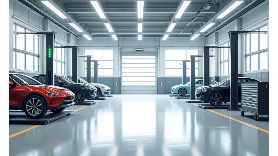 Spotlessly clean and organized automotive workshop with multiple service bays and modern lifts, technicians working diligently.