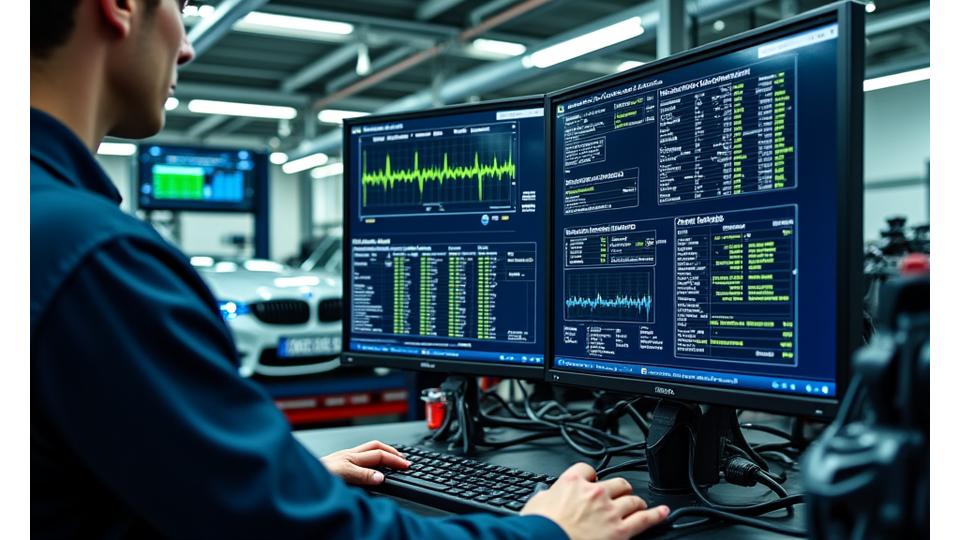 Advanced diagnostic bay with a vehicle connected to high-tech scanning equipment displaying waveforms.