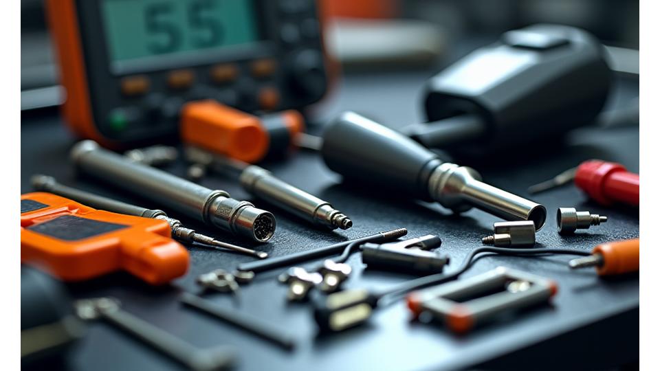 Close-up of specialized tools and equipment neatly arranged, perhaps for electric vehicle battery servicing or precise engine work.