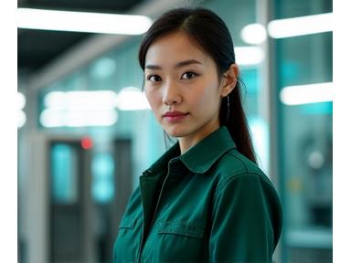 Portrait of Sarah Lim, EV Specialist, in a modern workshop setting.