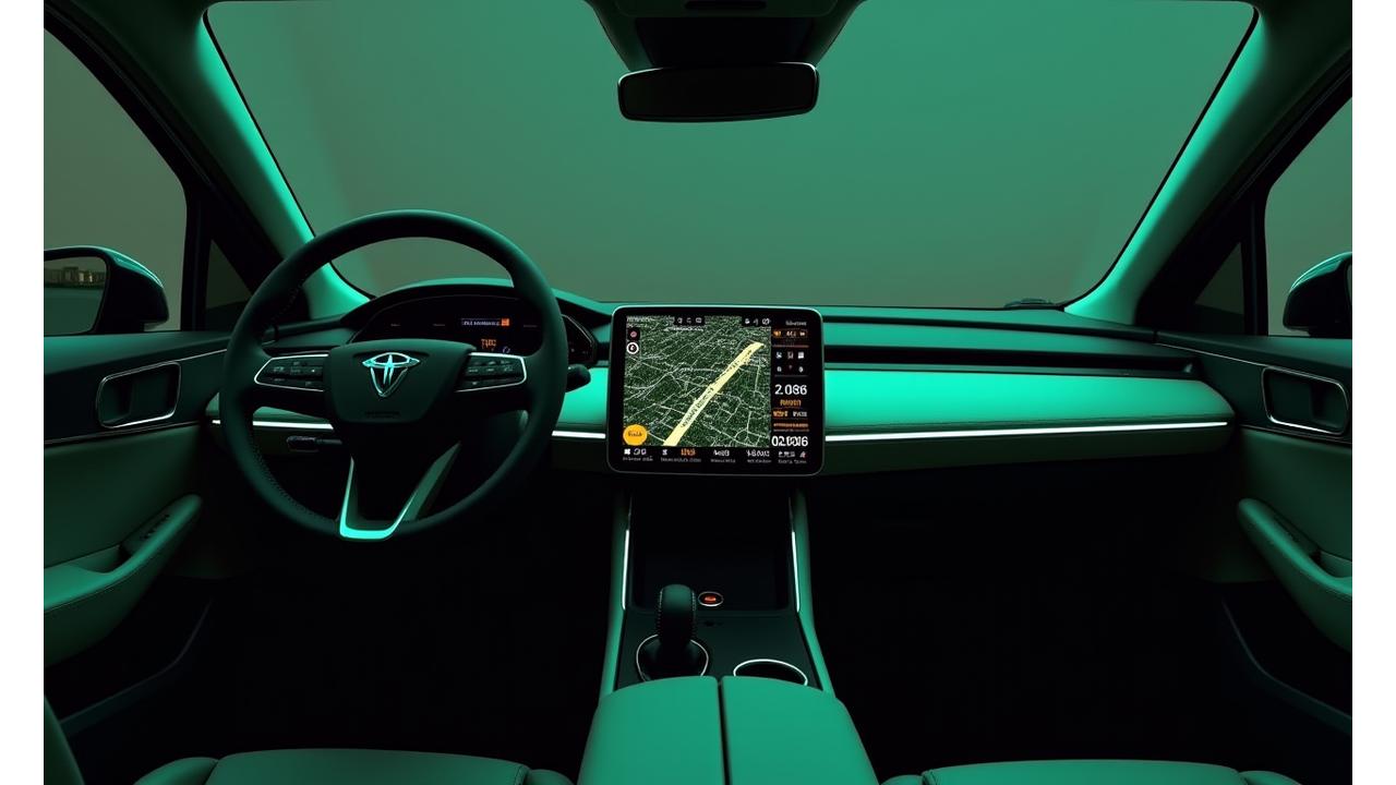 Modern car interior with a new advanced infotainment system installed, glowing subtly with navigation on screen.