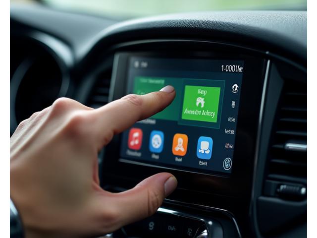 Close-up of a finger interacting with a responsive car touchscreen displaying Android Auto interface.