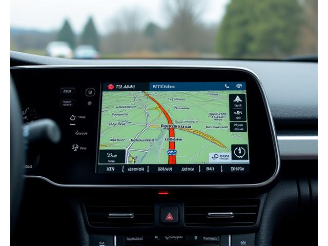 Dashboard view with a sleek, newly installed navigation system prominently showing a crisp map display.