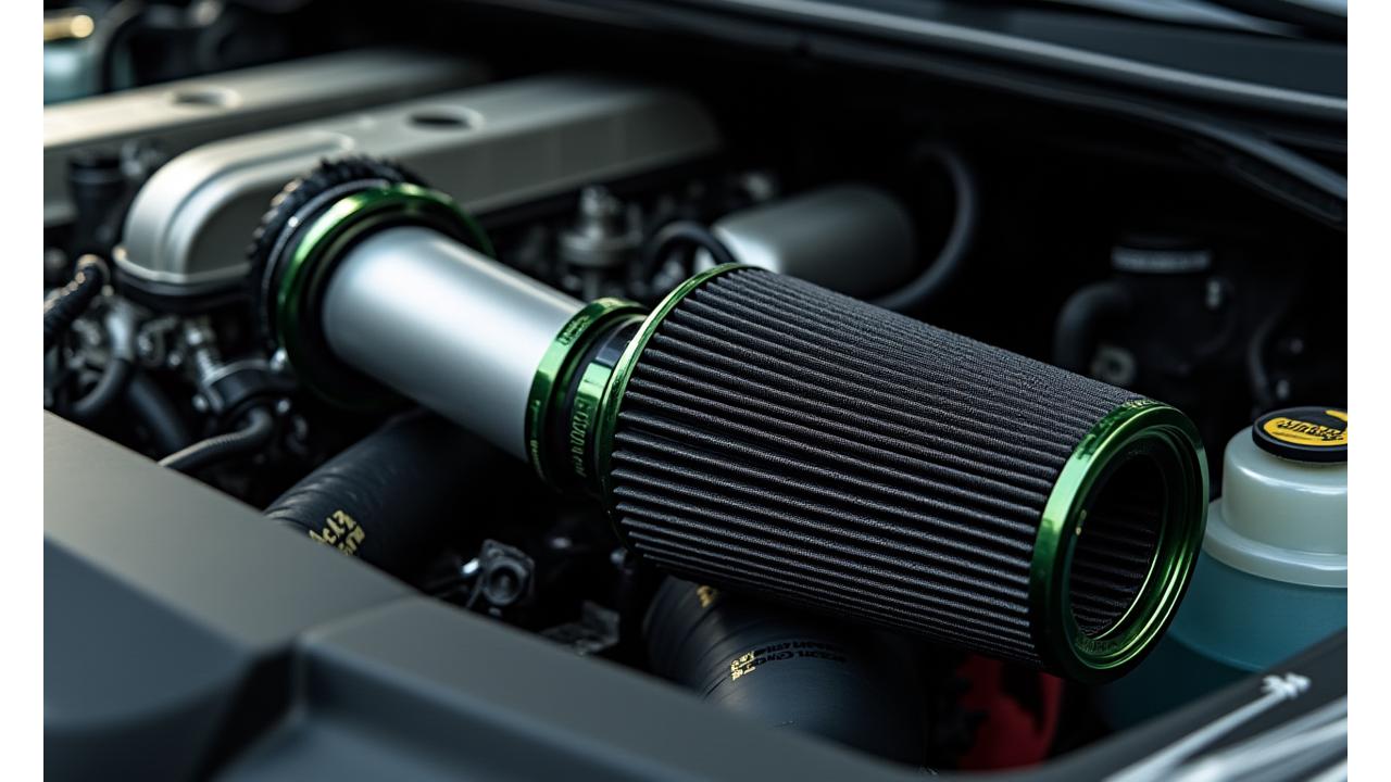 Close-up view of a high-performance cold air intake system installed in a meticulously clean engine bay.
