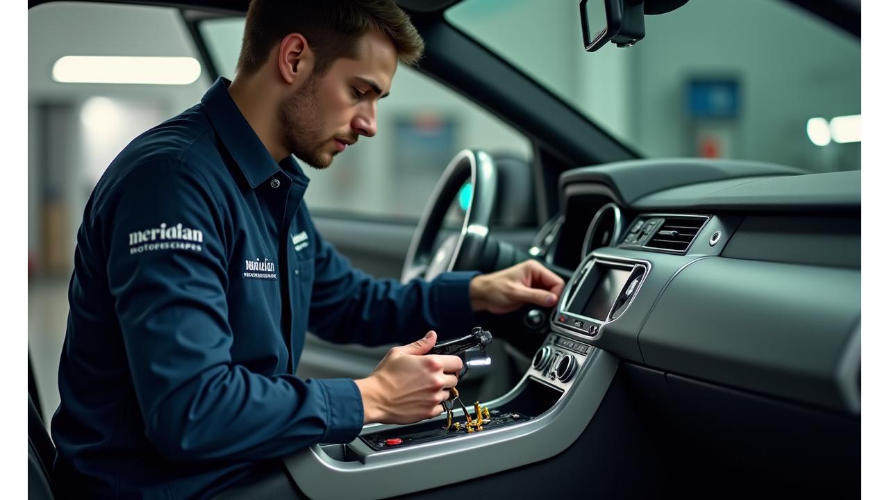 Automotive technician meticulously working on integrating an electrical component into a car dashboard, highlighting precision and expertise.