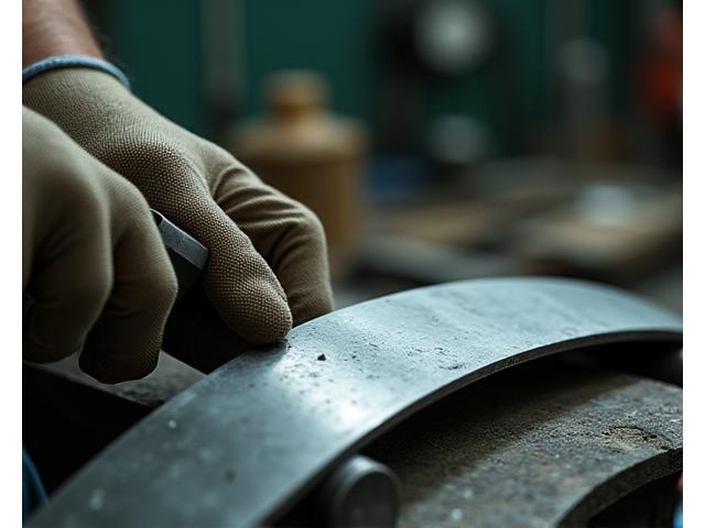 Skillful craftsman meticulously hand-forming metal for a classic car body panel, using traditional tools