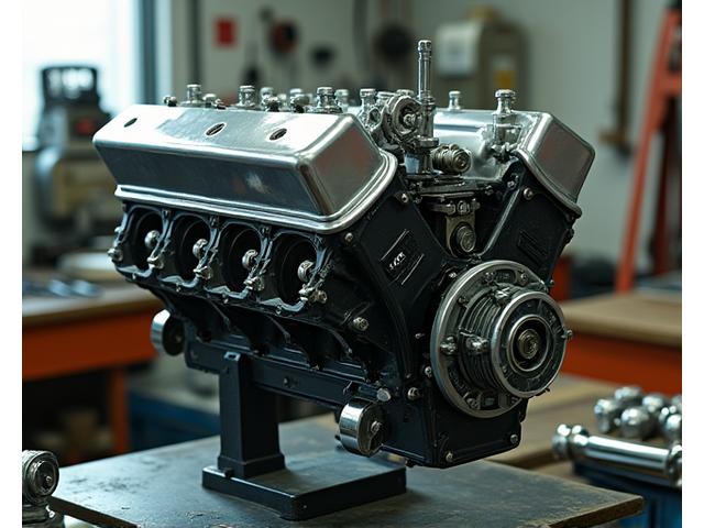 Classic car engine being meticulously rebuilt with precision tools and period-correct components