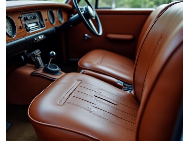 Luxurious vintage car interior being restored, showing intricate detailing on leather and wood trim
