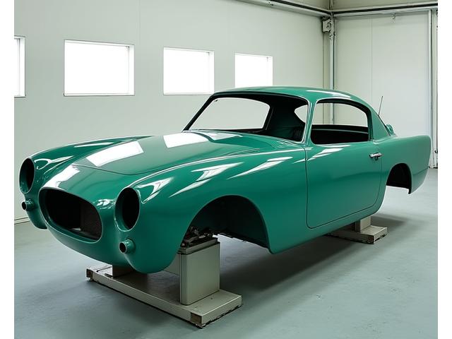 Restored classic car body freshly painted in a period-correct deep red, awaiting final assembly.