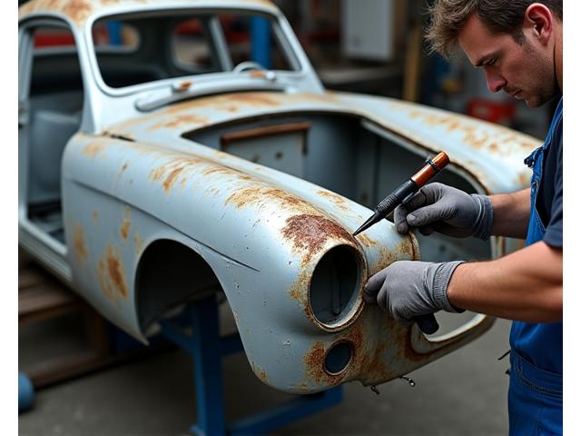 Classic car body undergoing meticulous restoration, stripped to bare metal with rust repair in progress.