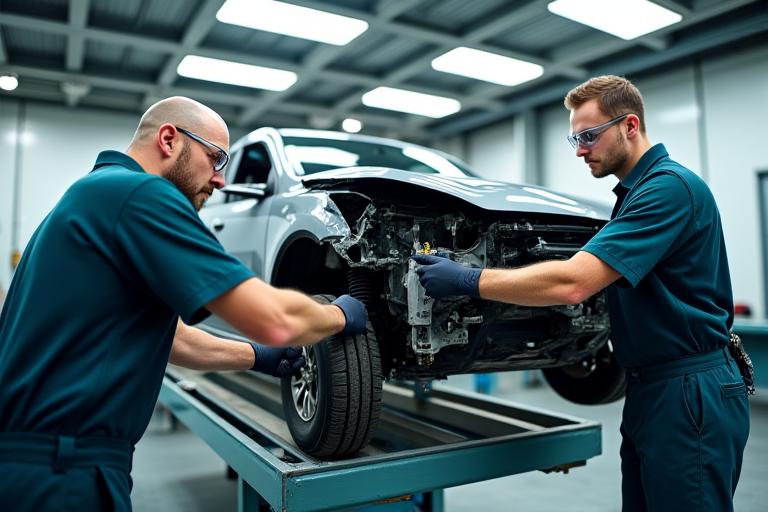 Highly trained technicians performing precision collision damage repair on a car frame using advanced equipment.