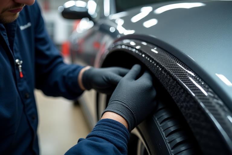 Skilled technician precisely installing a custom body kit on a luxury car at Meridian Motorscapes' workshop.