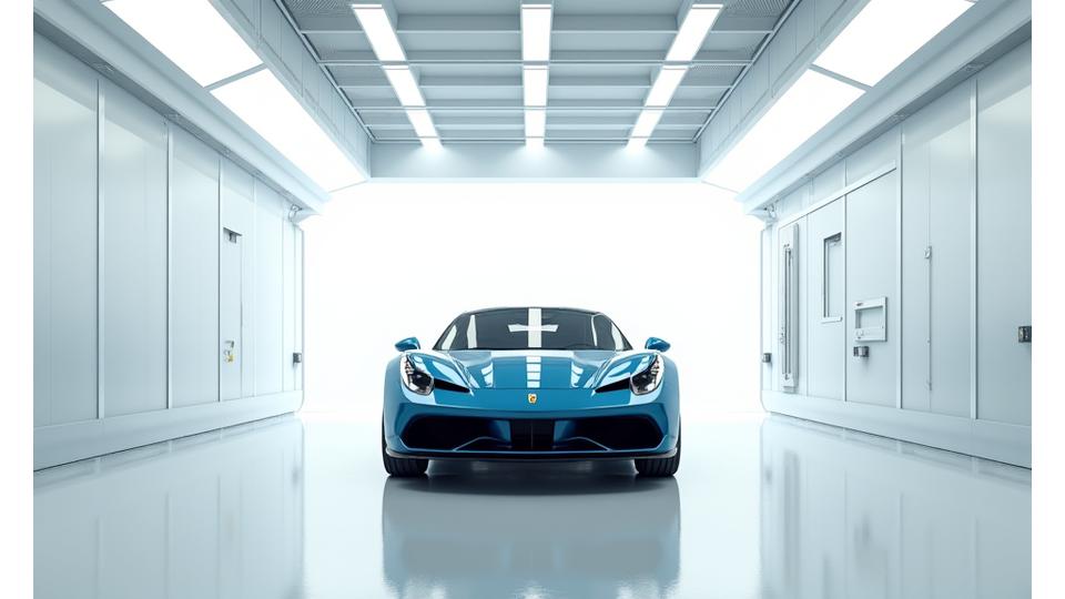 Interior of a modern, clean, climate-controlled automotive paint booth with an advanced spray system in operation.
