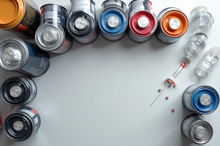 Assortment of high-quality automotive paint cans, primers, and clear coats from premium brands on a clean workshop bench.
