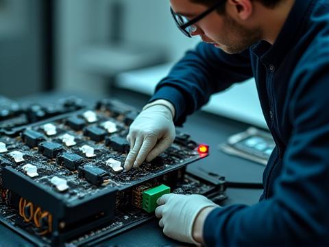 Technician performing diagnostics on an EV battery pack with specialized equipment