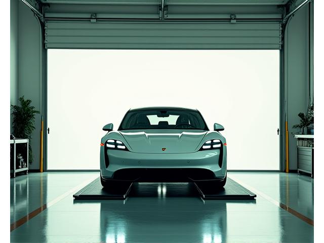 Modern electric vehicle on a lift in a clean, high-tech service bay