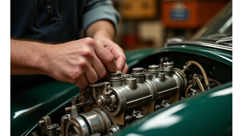 Vintage car engine being meticulously restored by a skilled artisan.