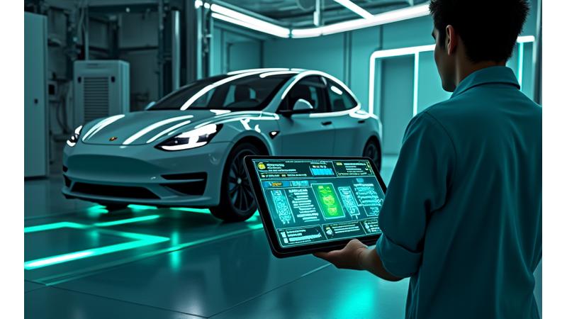 Electric vehicle having its battery health checked by a technician using a tablet.