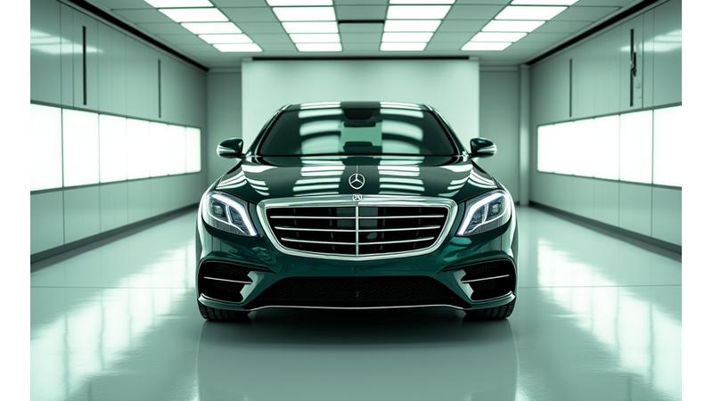 Sleek luxury sedan exterior being polished in a clean bay.