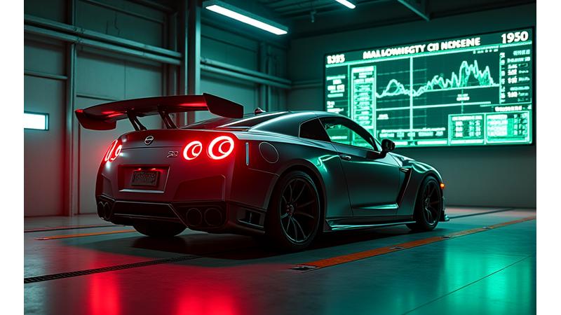 Performance sports car on a dynamometer, showing data on a large monitor.