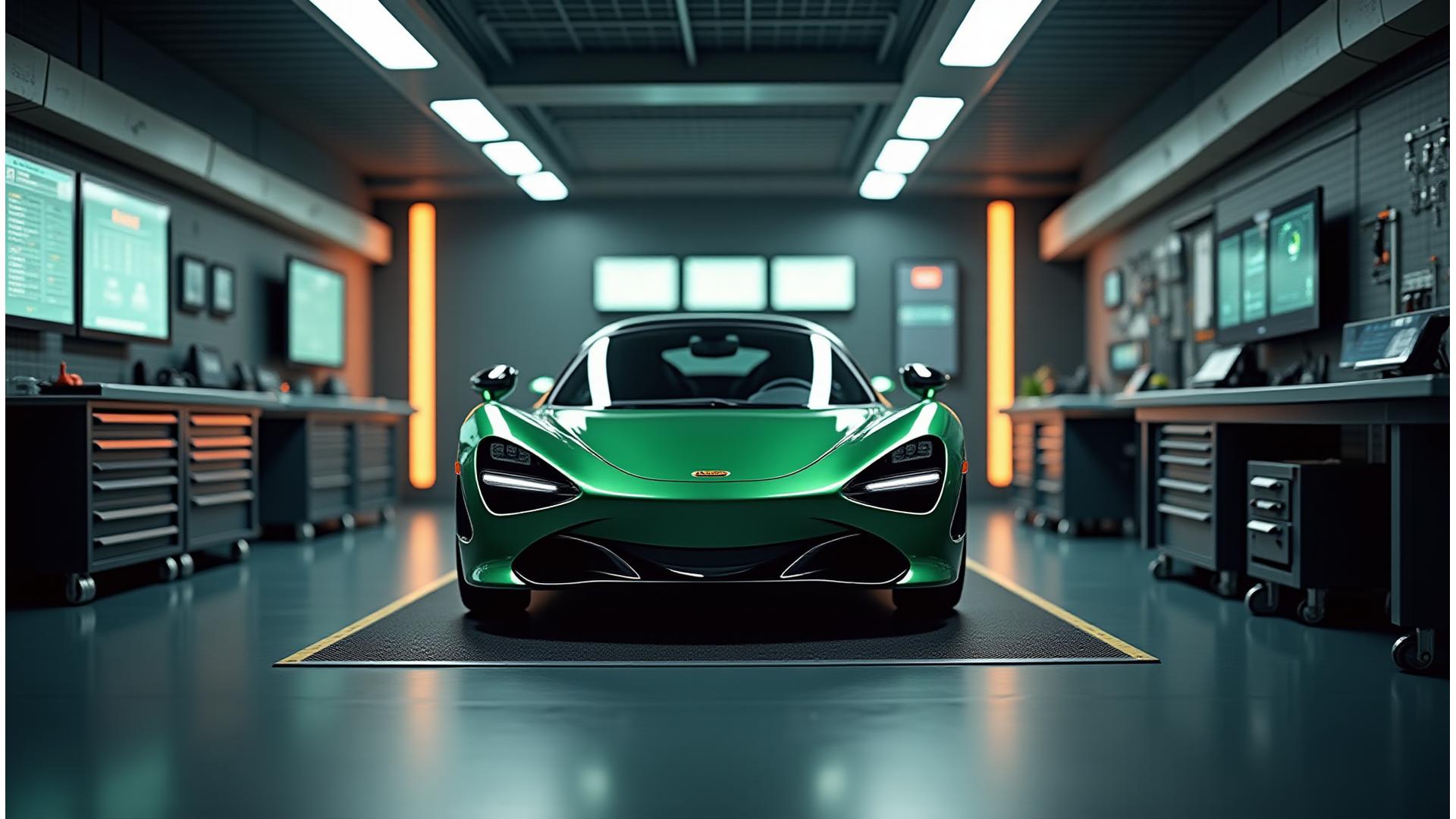Modern automotive service facility with high-tech diagnostic equipment and a luxury sportscar on a lift, bathed in intelligent lighting.