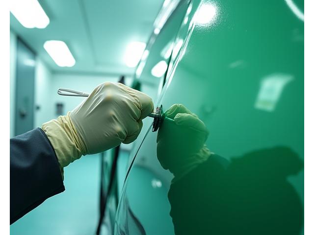 Custom car being expertly painted in a pristine spray booth.