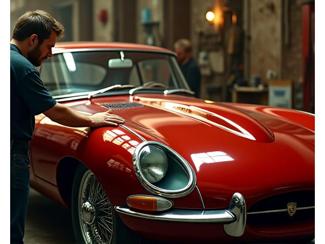 Restored vintage sports car gleaming in a workshop.