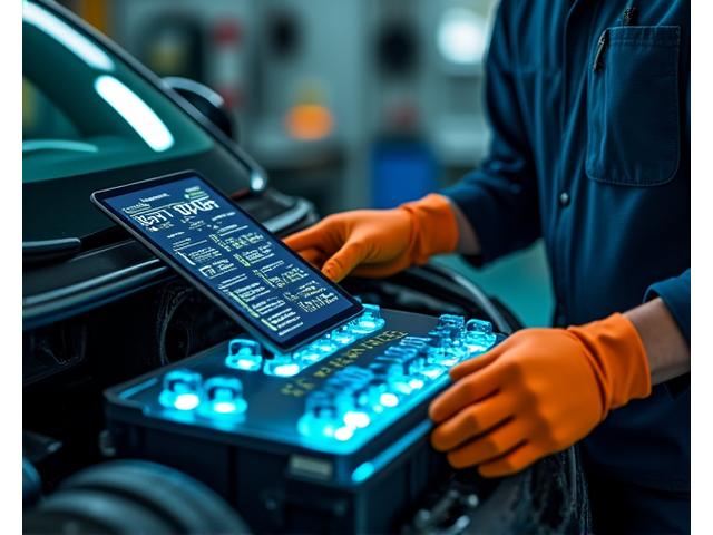 Electric car connected to a charging and diagnostic station.