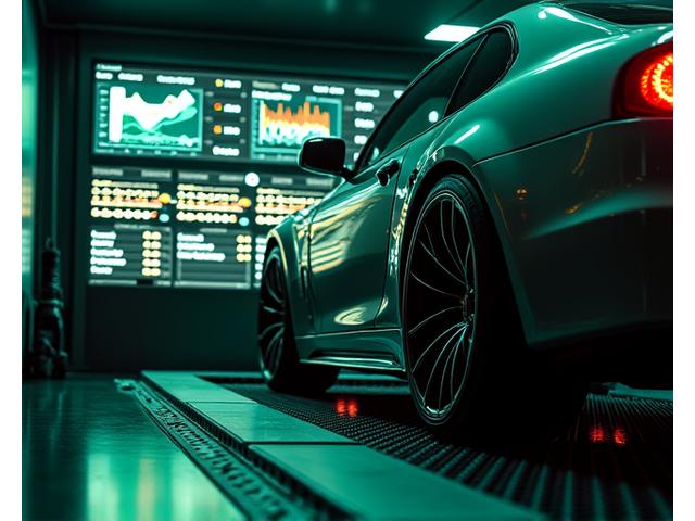Engine on a dyno run, displaying performance graphs on a screen.