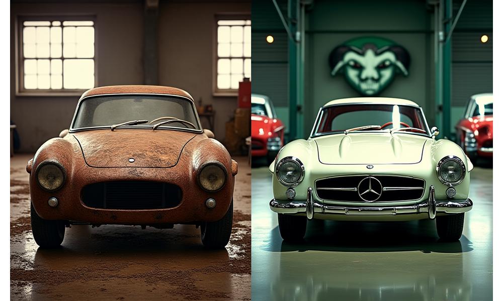 Before and after of a vintage Porsche 911 restoration: before showing a rusty chassis, after showing a fully restored gleaming vehicle.