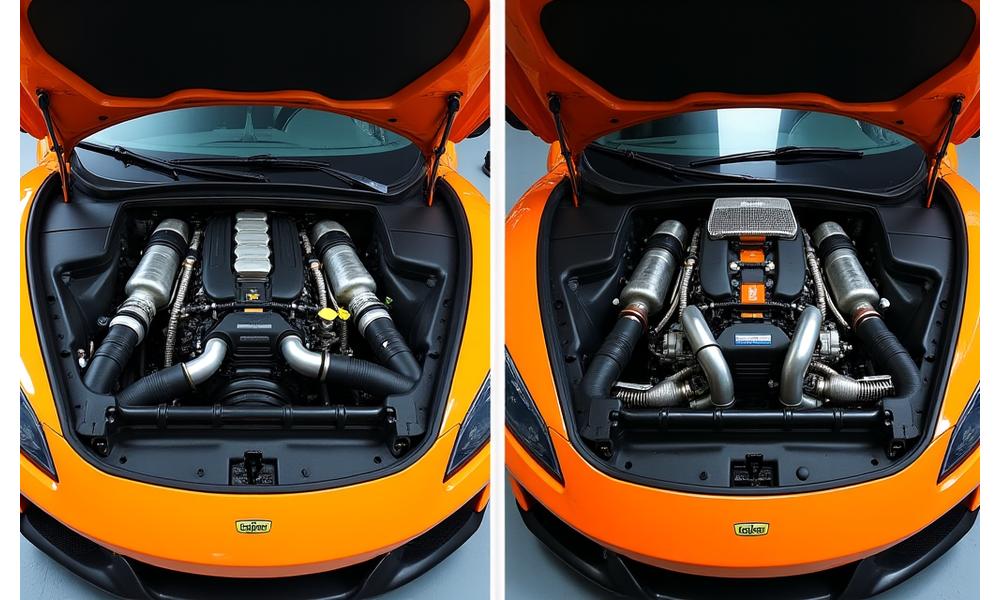 Before and after of a supercar with performance upgrades: before showing a stock engine, after showing a highly tuned engine.