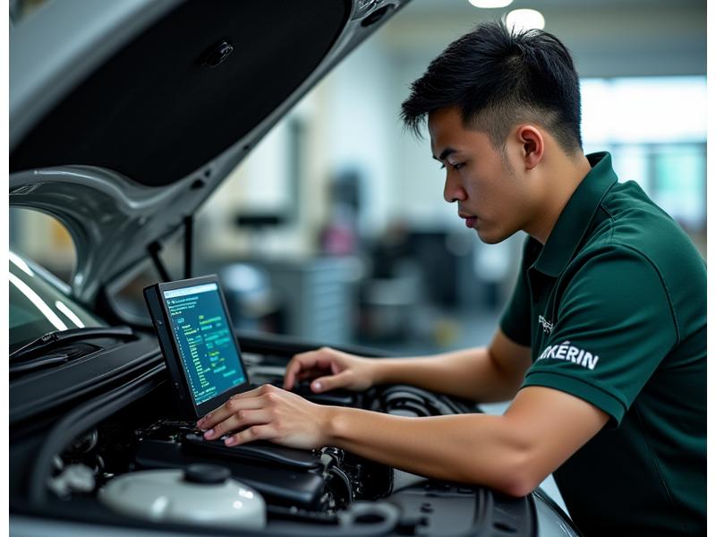 Meridian Motorscapes lead technician performing diagnostics on a vehicle engine with a laptop.