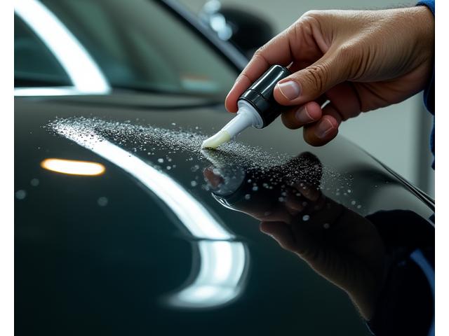 Technician applying ceramic coating to a black car's hood, showing reflective sheen