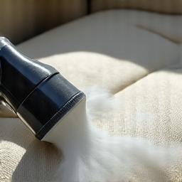 Technician using a steam cleaner on a car carpet, showing fresh results