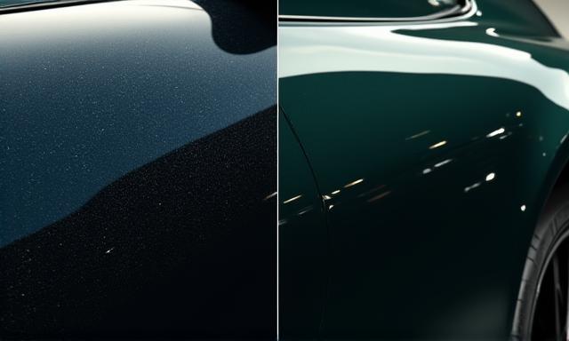 Before and after comparison of car paint, showing swirl marks on left and pristine reflection on right