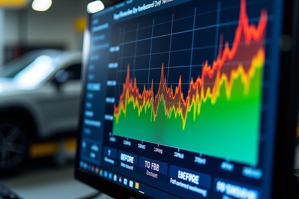 Comparison dyno charts showing significant horsepower and torque gains from 'before' to 'after' tuning on a computer screen in a professional garage setting.