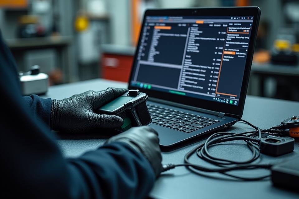 Close-up view of an automotive technician's hands interacting with a laptop running ECU remapping software, connected to a vehicle's On-Board Diagnostics port.