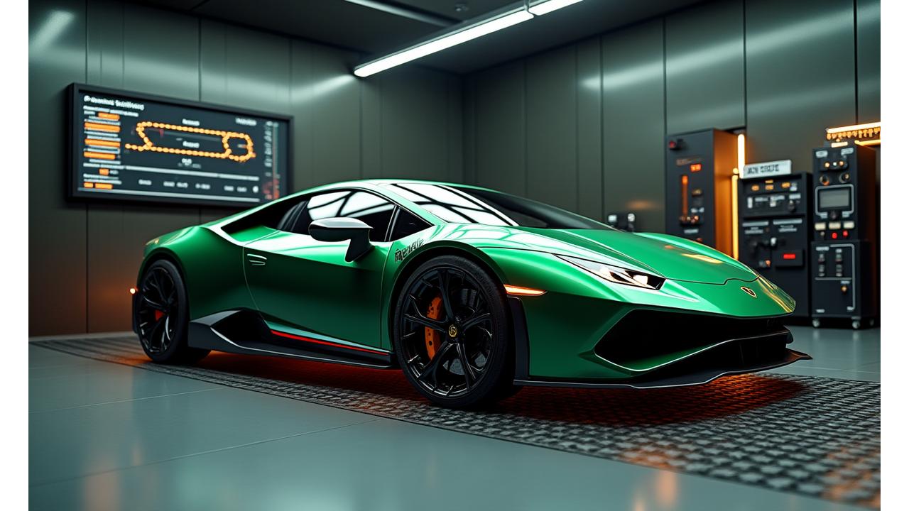 High-performance sports car on an advanced dynamometer with digital performance charts displayed.