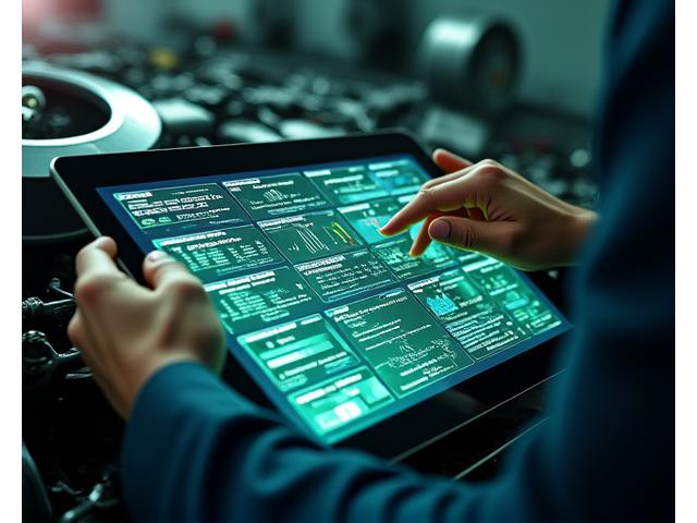 Technician reviewing comprehensive vehicle data on a tablet, showcasing advanced diagnostic software at Meridian Motorscapes.
