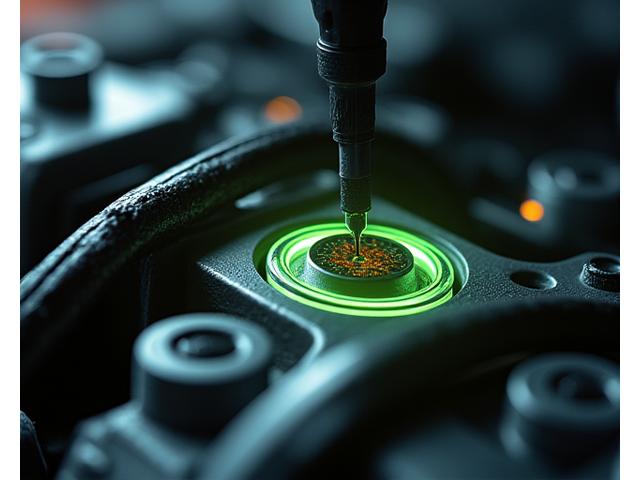 Close-up view of a vehicle's engine bay with a mechanic using a sophisticated diagnostic scanner connected to the car's ODB-II port, displaying data on a digital screen.