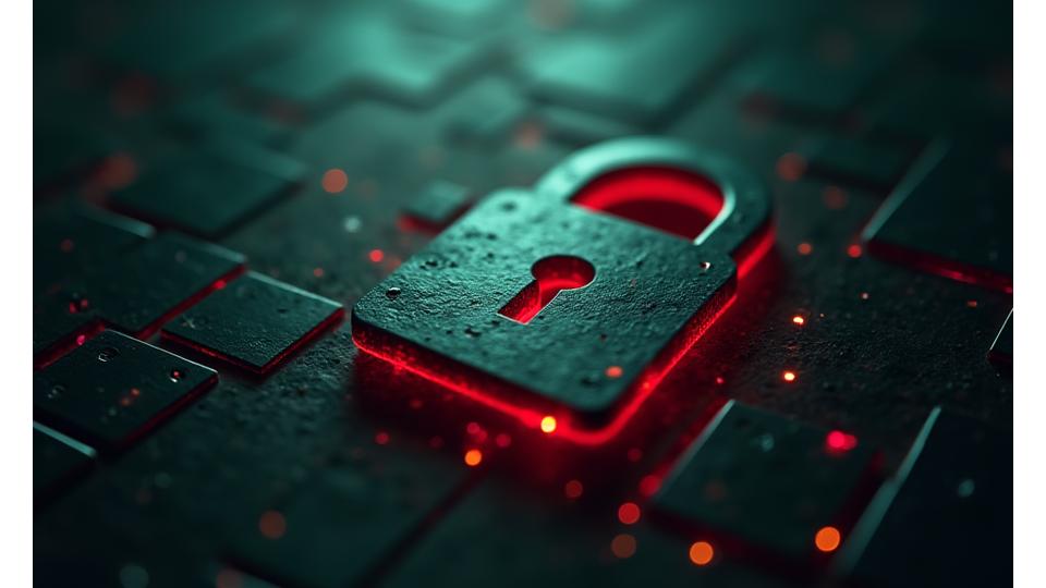 Cybersecurity lock icon glowing with a protective aura, surrounded by abstract digital lines representing data flow.