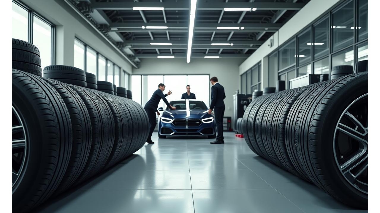 Modern tire showroom with a wide selection of premium brands and a vehicle on a lift in the background, showcasing expert fitting equipment.