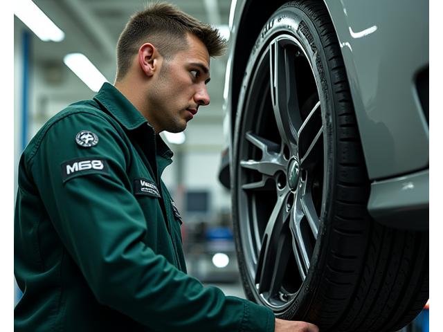 Technician operating state-of-the-art tyre mounting equipment in a clean, modern workshop.
