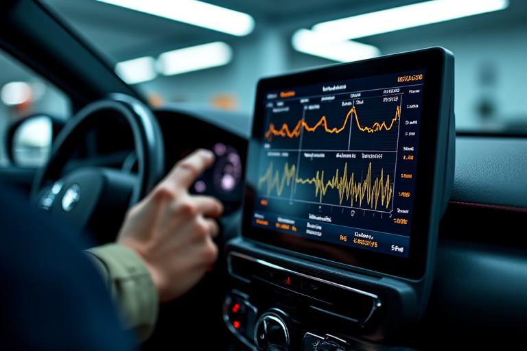 Advanced automotive diagnostic scanner connected to a vehicle by a Meridian Motorscapes technician, displaying complex data on a high-resolution screen.