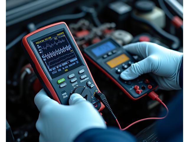 Technician using an oscilloscope to analyze waveforms from a car's electrical system.